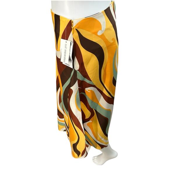 NWT Bar III Skirt Sz 12 Retro Satin Swirl Midi Skirt Yellow Brown Teal Abstract - Picture 3 of 9